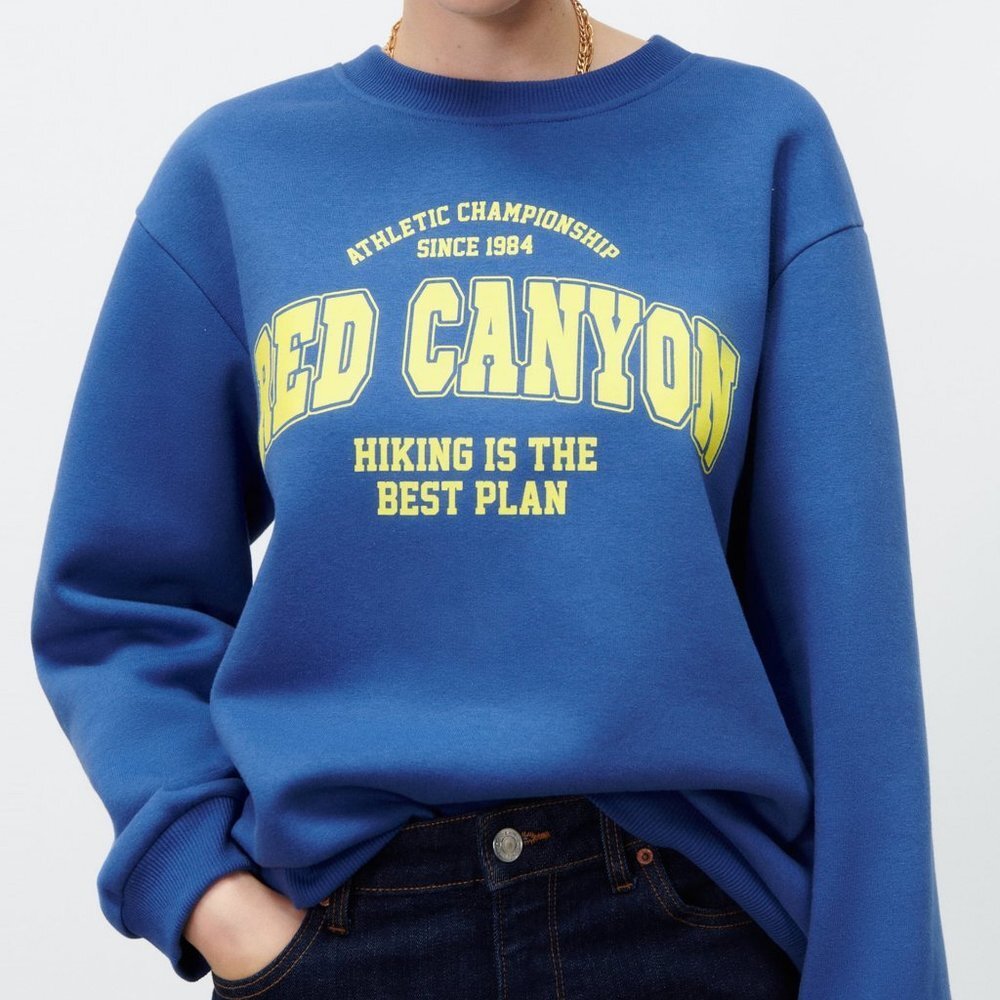 NEW Zara Blue Red Canyon Hiking Is Best Plan Graphic Text Print Sweatshirt Top M